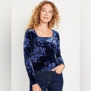 NWT new XL old navy blue floral square neck velvet top shirt rose dark star